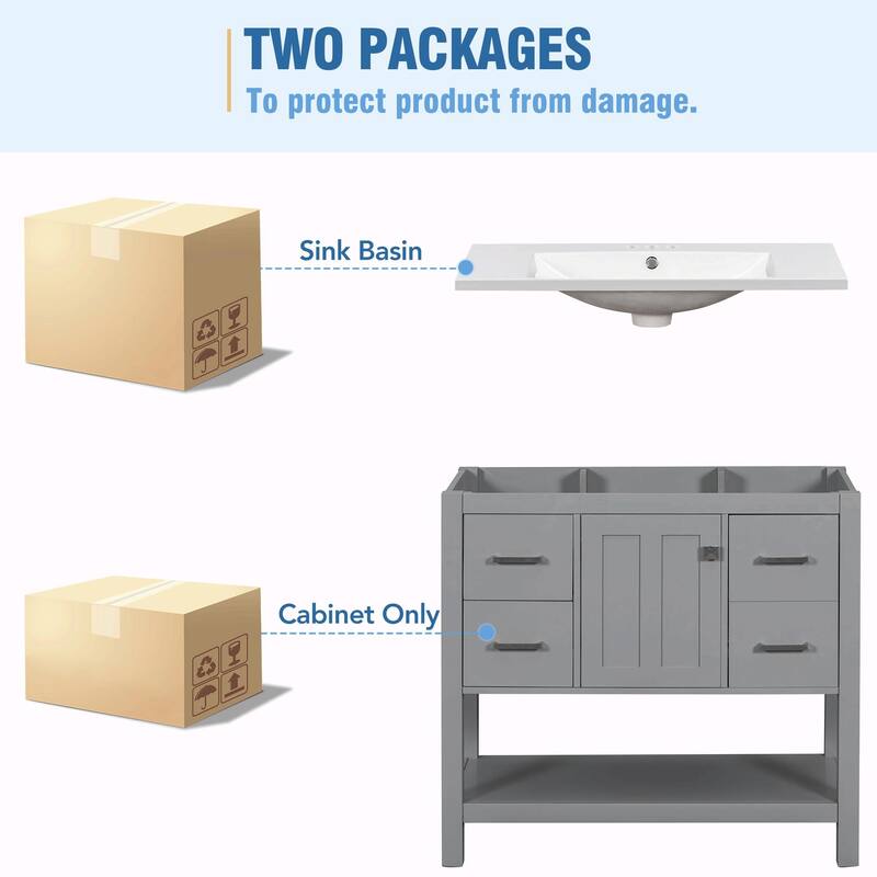 36" Bathroom Vanity with USB Shallow and Deep Drawers, Single Door